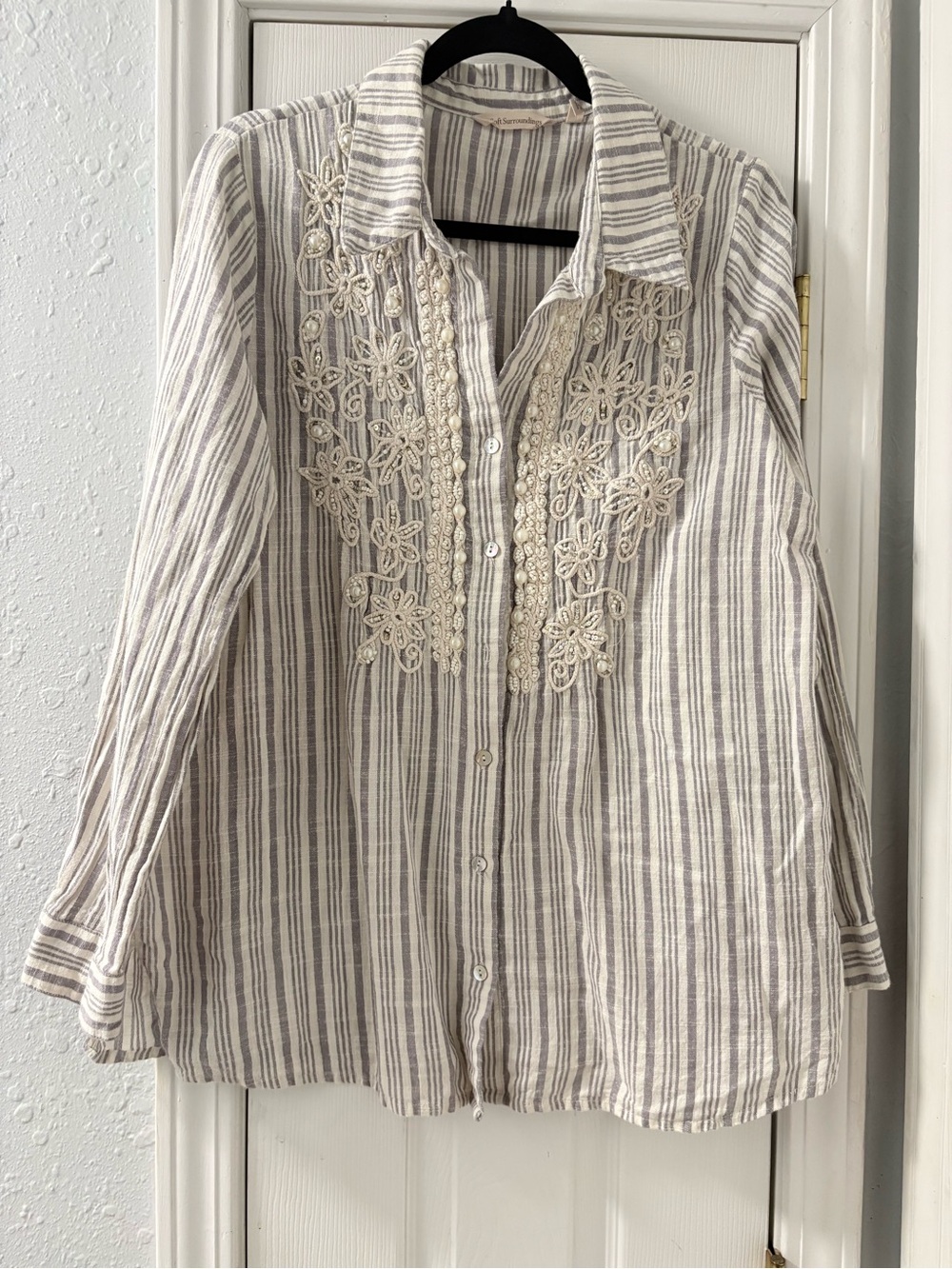 Soft Surroundings Cream and Gray Striped Embroidered Button-Front Shirt